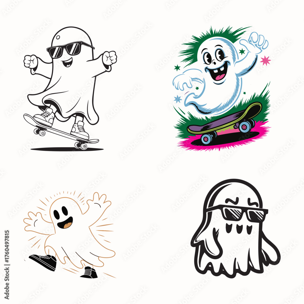 Fototapeta premium Cool Cartoon Ghosts Skateboarding and Having Fun – Vector Illustration Set