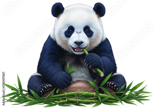 Isolated, adorable giant panda bear eating bamboo, enjoying a healthy meal, cute animal