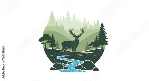 Majestic deer standing proudly in serene forest landscape with flowing river, perfect for nature lovers or outdoor adventure brands, a tranquil scene
