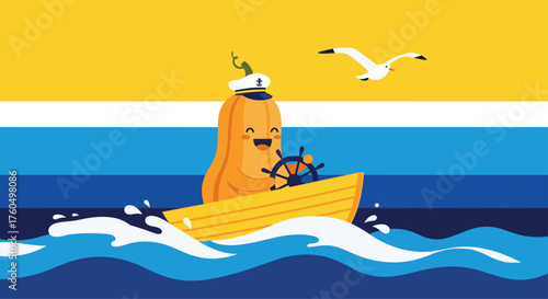 Adorable pumpkin captain sailing the sea with a happy seagull, perfect for autumn events and kids' activities with a playful, nautical theme