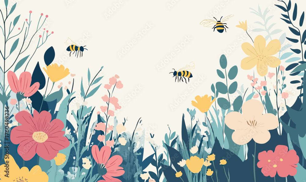 Obraz premium Colorful blooming flower garden with buzzing bees flying over flat minimalist wildflowers and green foliage natural background illustration