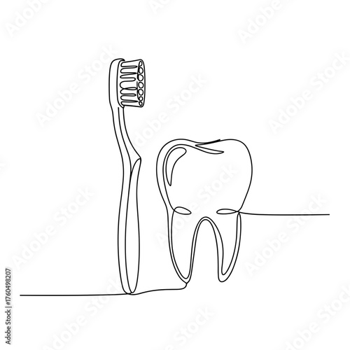Toothbrush and tooth minimal line drawing on white background