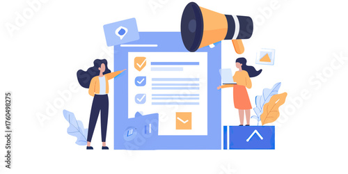 Business people analyzing checklist on digital tablet and using megaphone for online marketing and communication in flat vector illustration