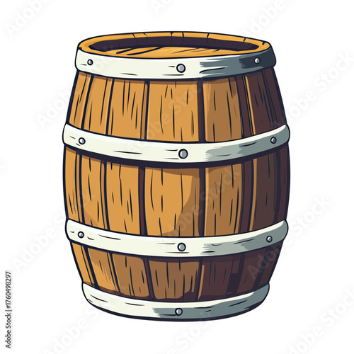 Vintage wooden barrel with metal bands illustration in flat minimalist style detailed timber storage container for liquids or goods concept vector art