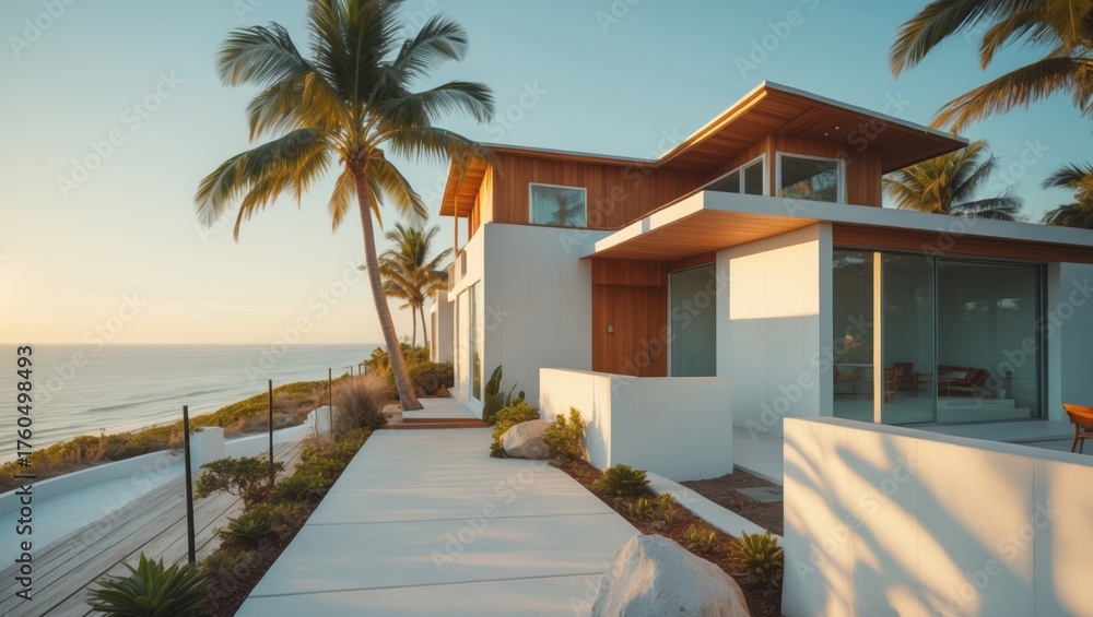 Fototapeta premium Modern Coastal Home with Ocean View and Palm Trees, Luxury Architecture and Landscaping at Sunset