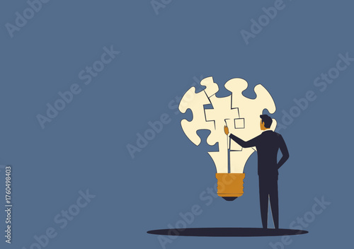 Businessman assembling last puzzle piece to complete light bulb shape representing creative problem solving and innovative idea concept in minimalist flat style