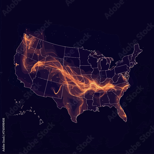 Abstract glowing orange line network across USA map with state borders highlighted on dark background vector illustration of connected energy flow and data path