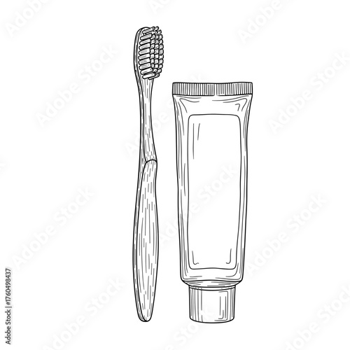 Toothbrush and toothpaste in vintage black and white sketch style