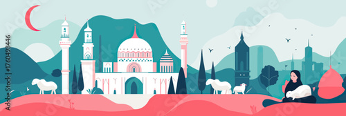 Eid Mubarak Islamic celebration mosque with crescent moon sheep and woman in hijab holding lamb abstract landscape background vector illustration