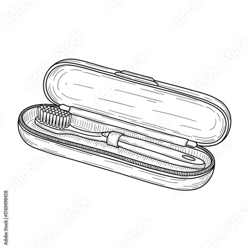 Toothbrush in travel case in vintage black and white sketch style