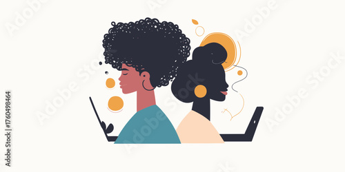 Two diverse women with laptops back to back working on technology devices modern flat vector illustration with colorful abstract shapes and minimalistic style