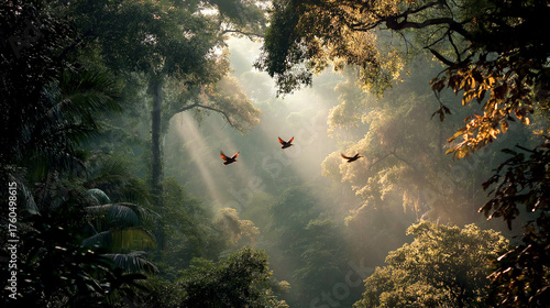 tropical rainforest with colorful birds flying