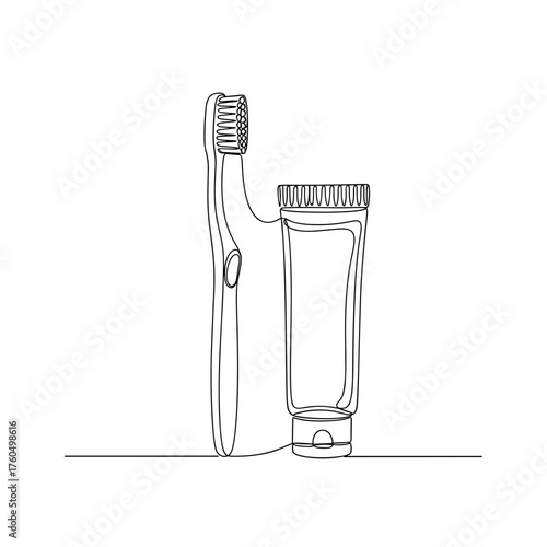 Toothbrush and toothpaste minimal line drawing on white background