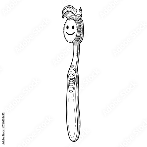 Toothbrush with smiley face and toothpaste in cartoon sketch style