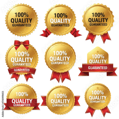 This collection of golden seals and badges, each displaying '100% Quality Guaranteed' with red ribbons, symbolizes premium quality and assurance.