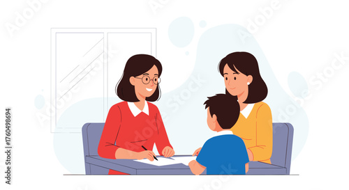 Concerned mother meeting with her child's teacher to discuss academic progress and future goals in a supportive classroom environment