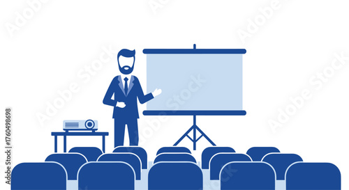 Illustrative business presentation scene with speaker and empty seats, ideal for corporate communications and training materials, engaging and professional