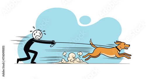 Hilarious cartoon of a stick figure being dragged along by an energetic dog running at full speed, great for pet owner humor or the challenges of dog walking