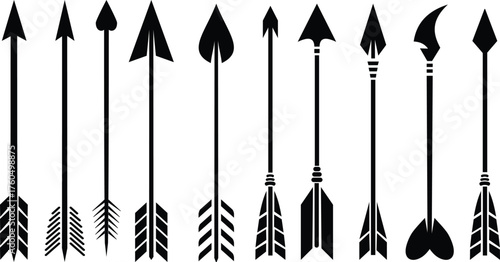 Set of Black Arrow Illustrations | Arrow Collection for Graphic Design, Tribal Art, and Weaponry Concepts