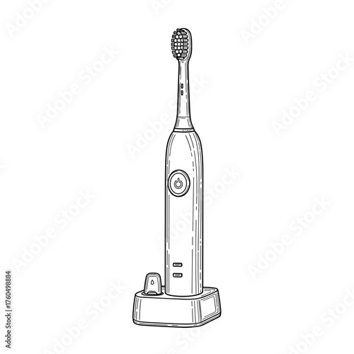 Electric toothbrush on charging base in hand-drawn sketch style