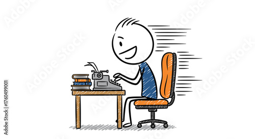 Quirky stick figure author joyfully typing on a vintage typewriter at his desk with stacked books, capturing the creative writing process