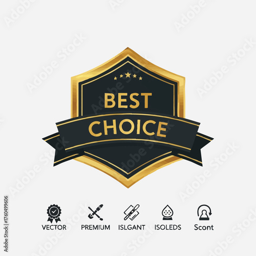 A sleek gold and black 'BEST CHOICE' badge with a prominent ribbon, symbolizing premium quality, top selection, and exclusive recommendation for any product.