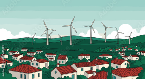 A charming village powered by sustainable energy with wind turbines overlooking quaint homes and rolling green hills, perfect for eco-friendly projects