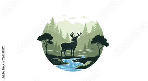 Enchanting forest scene with a majestic deer standing by a serene river, perfect for nature lovers and outdoor enthusiasts seeking peace and tranquility