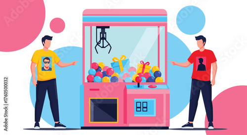 Excited friends point to a vibrant claw machine filled with colorful prizes and gifts, perfect for illustrating fun, games, and playful competition