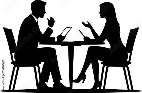 Man and a woman at a table negotiating silhouette vector illustration