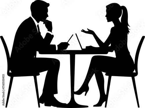 Man and a woman at a table negotiating silhouette vector illustration