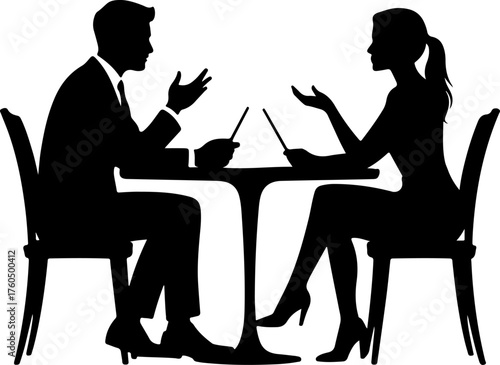 Man and a woman at a table negotiating silhouette vector illustration