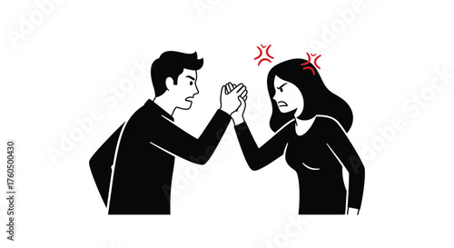 Frustrated couple in disagreement arm wrestling over relationship problems with intense feelings, symbolizing conflict, tension, and stress with angry expressions
