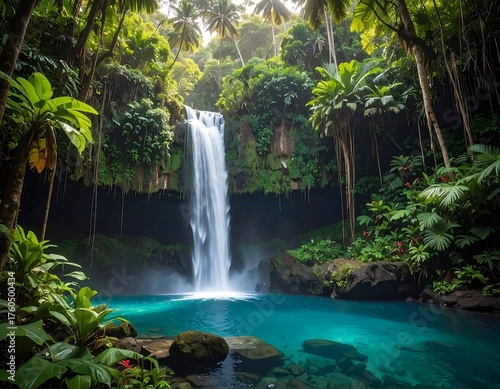 Serene waterfall cascades into a turquoise pool, surrounded by lush jungle