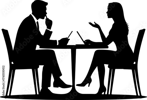 Man and a woman at a table negotiating silhouette vector illustration
