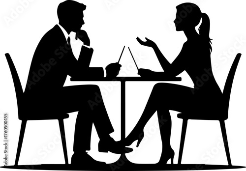 Man and a woman at a table negotiating silhouette vector illustration