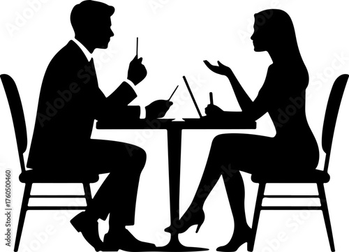 Man and a woman at a table negotiating silhouette vector illustration