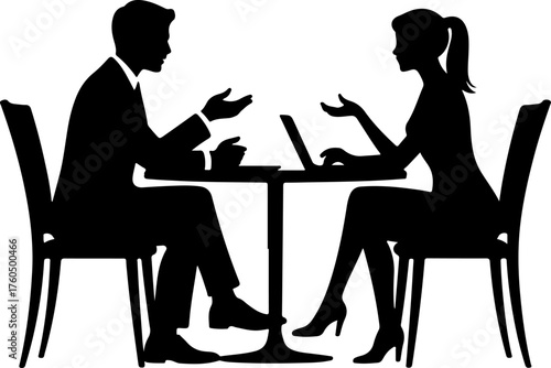 Man and a woman at a table negotiating silhouette vector illustration