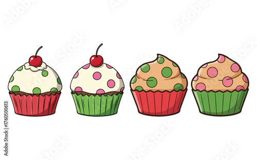 Four Polka Dot Cupcakes with Cherries and Frosting on White Background