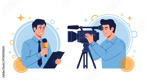 Professional reporter with microphone interviewing someone on camera for a news report or documentary style footage in a modern setting, broadcast media