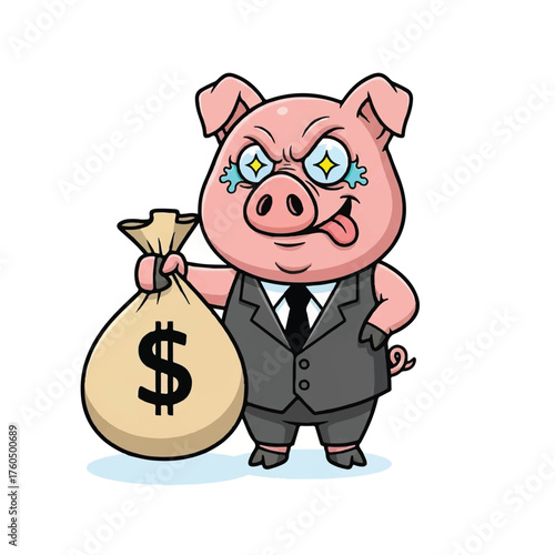 A cartoon pig in a business suit holds a money bag with a dollar sign, symbolizing financial success, wealth, investment, and prosperity