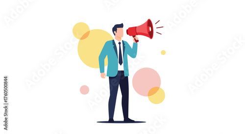 Powerful man using a megaphone to communicate important messages and share news with an audience effectively now