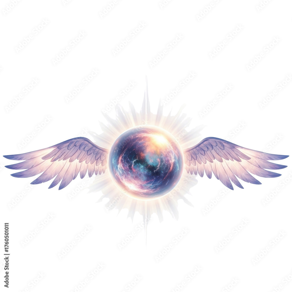 Obraz premium Mystical cosmic sphere with majestic angel wings, glowing spiritual design element isolated PNG with Transparent Background