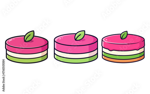 Three Layered Cakes with Pink Frosting and Green Leaves on Top Isolated on White Background