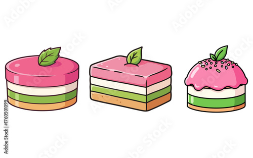 Three Layered Cakes with Pink Frosting and Green Mint Leaves on White Background