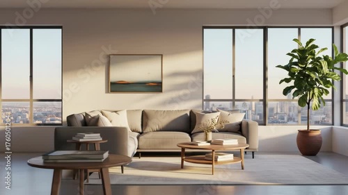 Wallpaper Mural Modern living room with sectional sofa, coffee tables, plant, art, and city view Torontodigital.ca