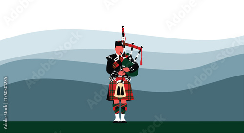 A Bagpiper in Traditional Kilt Performing Against Misty Hills Evokes Heritage and Cultural Pride