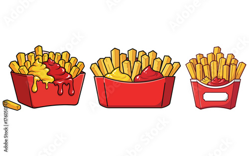 French Fries in Red Boxes with Ketchup and Mustard Sauces
