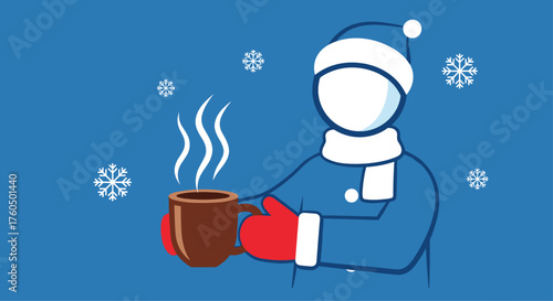 A Hot Drink on a Snowy Winter Day Illustration, Perfect for Holiday Promotions and Cozy Winter Campaigns, Featuring a Cute Character