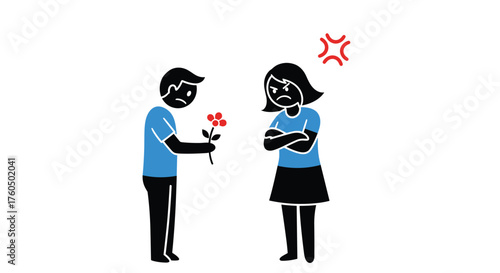 Offering flowers to an angry girlfriend pictogram, perfect for discussing relationships, communication issues or interpersonal conflict with a modern design flair